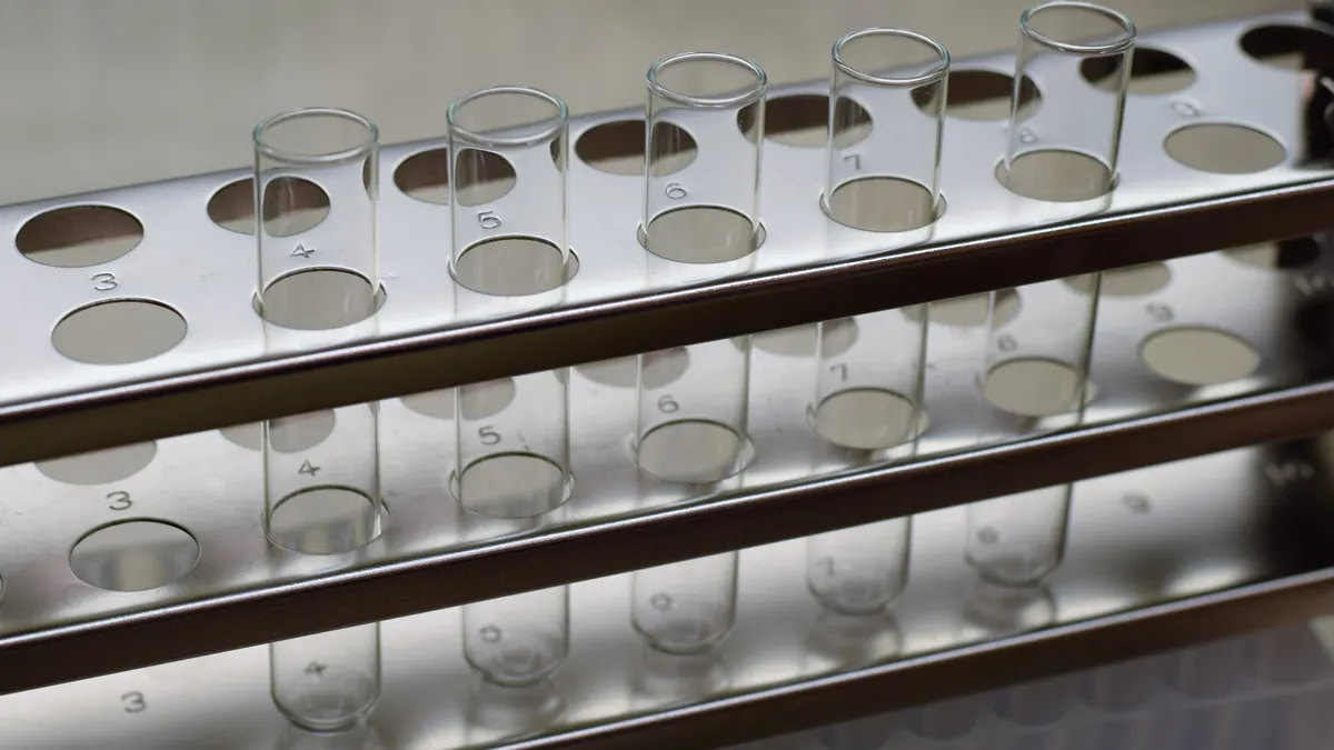 Tubes à essai vides rangés sur un portoir de laboratoire